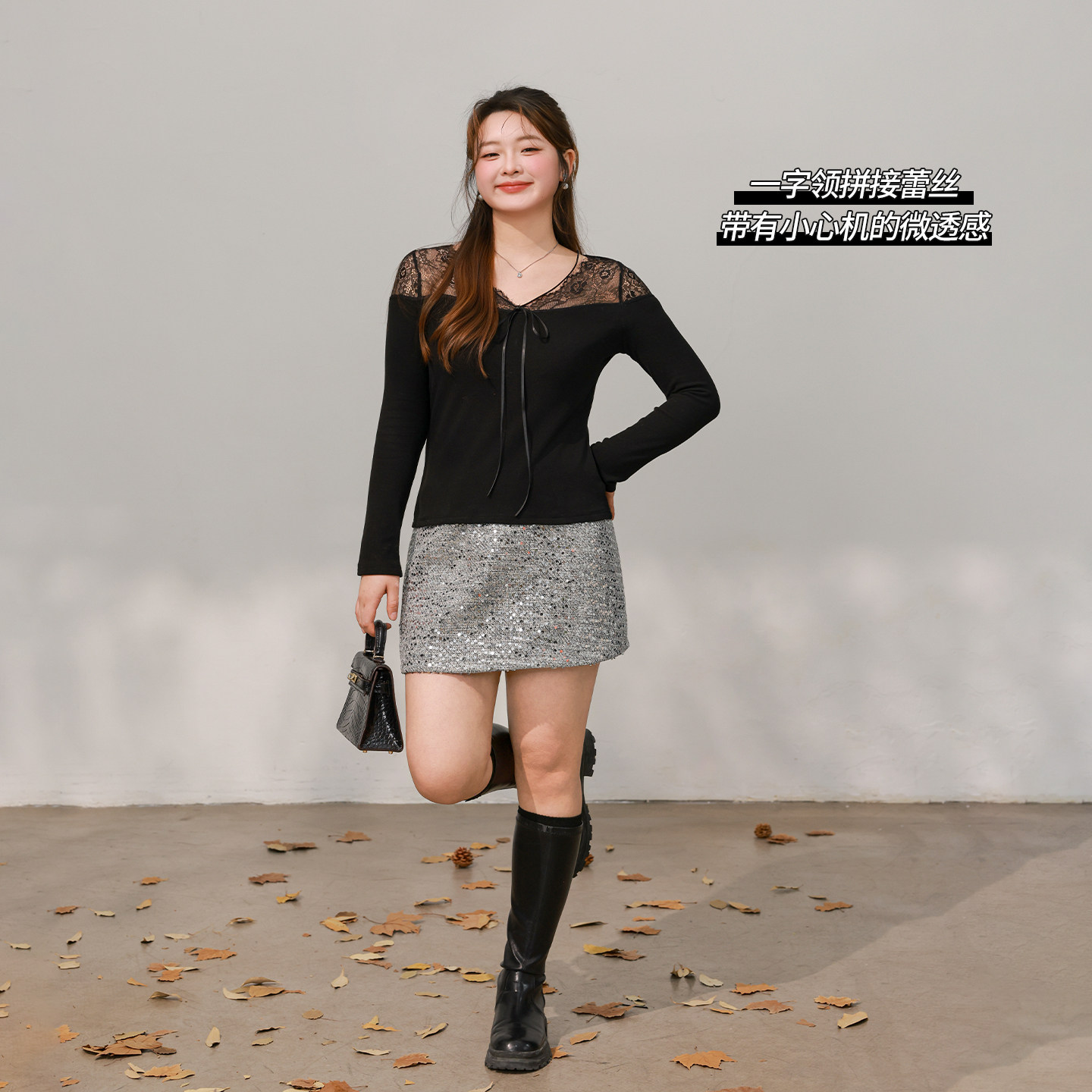 DM100大码百分百女装微胖mm冬季氛围感蕾丝拼接弹力针织T恤打底衫,淘宝优惠券,粉丝福利购,淘宝优惠卷