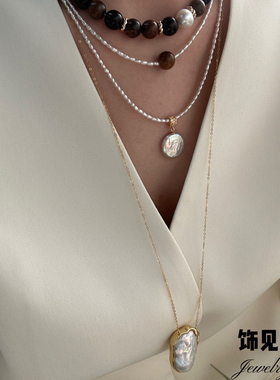 新中式复古小众黄梨花木吊坠天然小米珍珠项链女高级感气质锁骨链