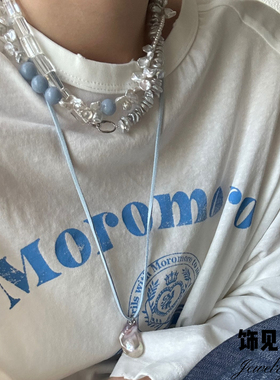 韩系春夏简约蓝绳天然炫彩大巴项链女小众设计高级锁骨链气质颈饰