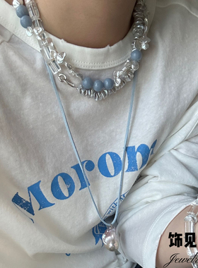 小众度假风蓝色秘鲁石花瓣珍珠项链温柔清新锁骨链不规则高级颈饰