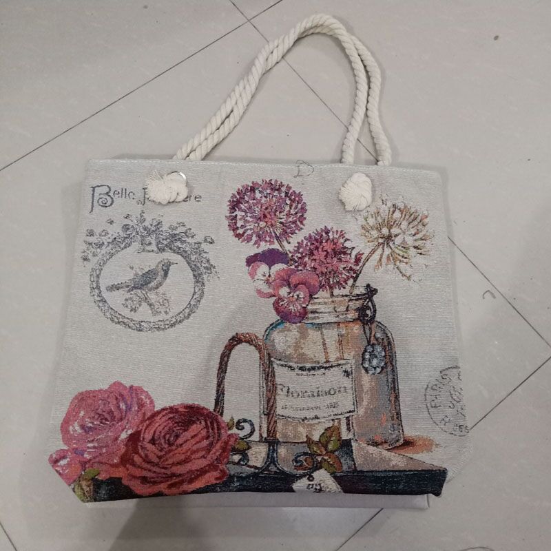 抖音爆款双面金丝绣花花瓶玫瑰有拉链暗袋女士帆布单肩手提包书包 - 图1