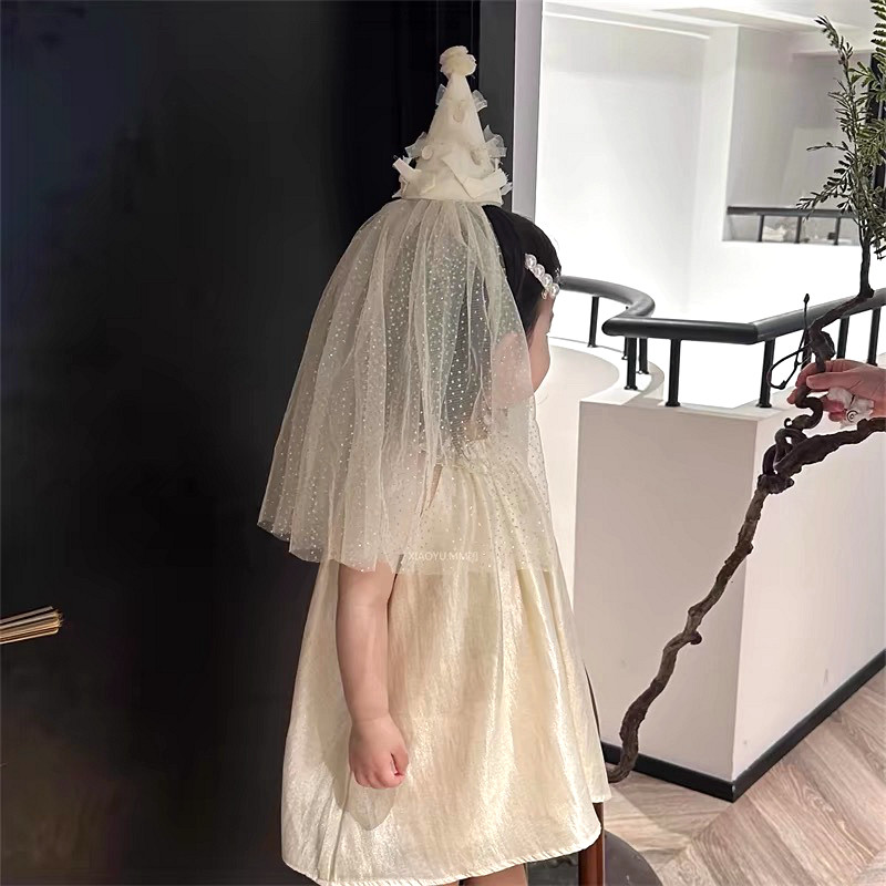 新款公主风头纱女孩生日帽发箍帽子儿童宝宝拍照头饰小礼帽不勒头