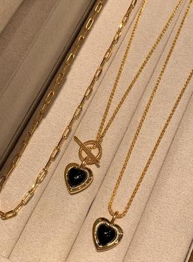 欧美气质黑玛瑙爱心OT扣金属金色项链高级感轻奢小众设计颈链新款