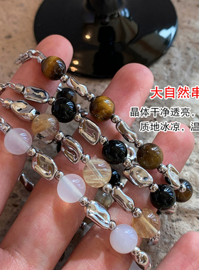天然虎眼石黑曜石手链女款配饰2026新款高级感轻奢精致叠戴手串饰