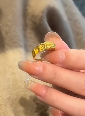 镀K金碎冰冰五帝币戒指女国潮时尚复古开口可调节