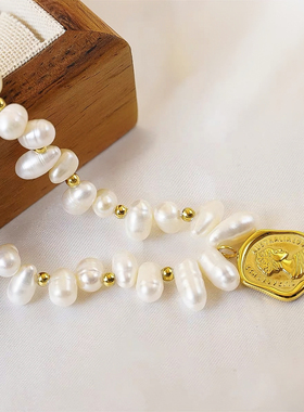法式高级感不规则人像牌吊坠拼接淡水珍珠项链复古气质个性首饰品