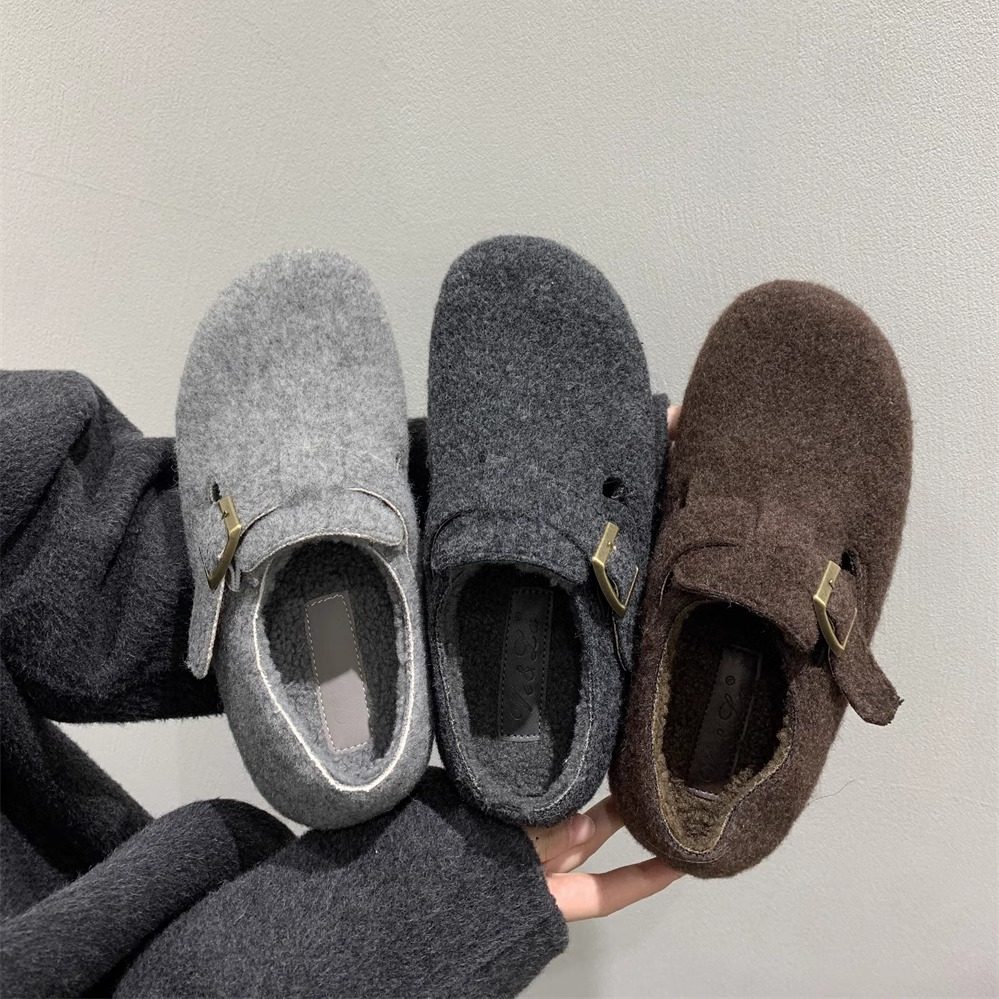 冬季毛呢料高级感保暖加绒勃肯鞋毛毛鞋女鞋软底内增高单鞋乐福鞋,淘宝优惠券,粉丝福利购,淘宝优惠卷