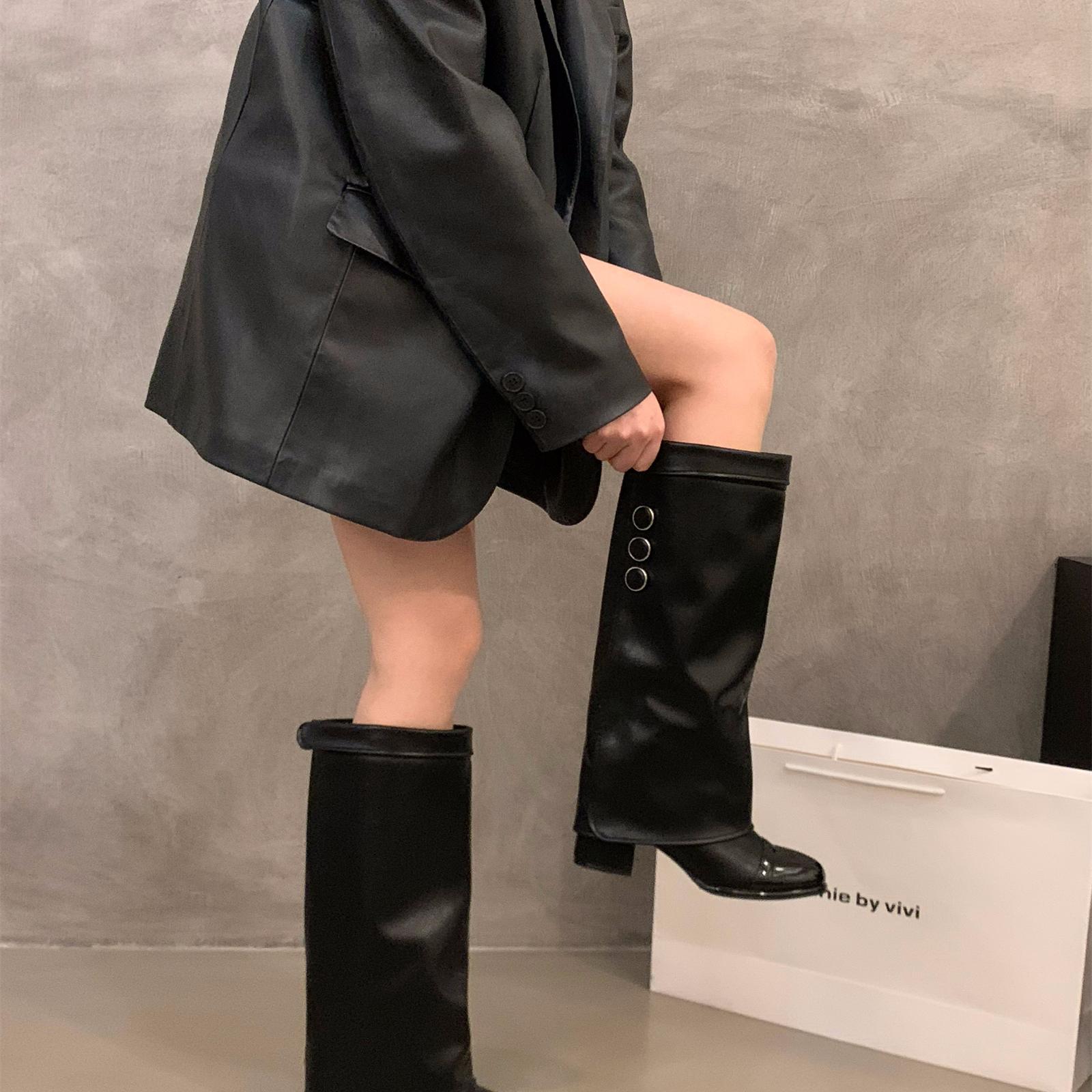 香港高跟小香风拼色高筒骑士靴女鞋2025新款秋季卡其色长筒长靴子 - 图2