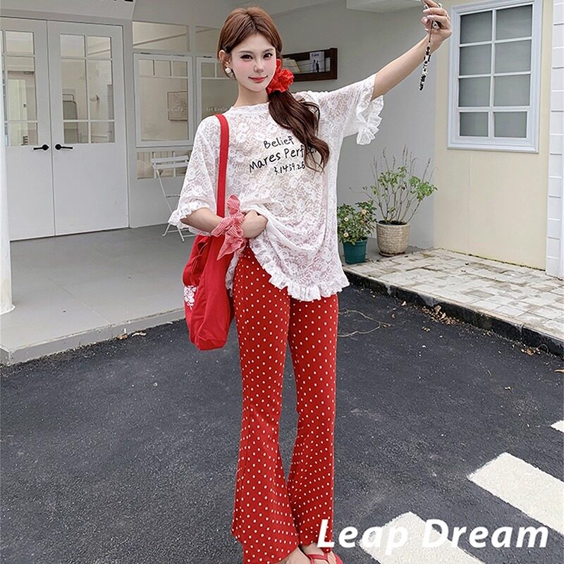 Leap Dream 波点高腰微喇叭休闲裤女显瘦百搭长裤 - 图0