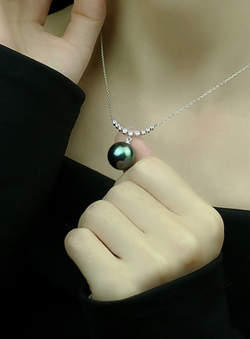 挚彩手工黑珍珠时尚吊坠925银镶钻项链12mm淡水珍珠项链送礼