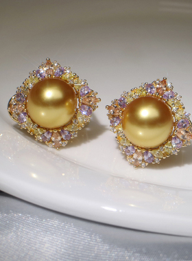 挚彩珠宝浓金色手工珍珠吊坠镶嵌彩宝强光戒指大颗粒奢华耳钉套装