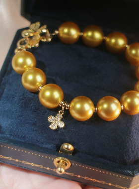 挚彩珠宝天然海水浓金色手工珍珠手链澳白大颗粒纯银正圆珍珠手串