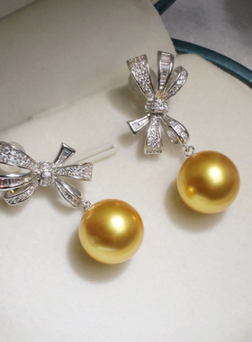 挚彩新品淡水浓金色珍珠贝珠耳饰正圆蝴蝶结设计款吊坠耳钉套装女