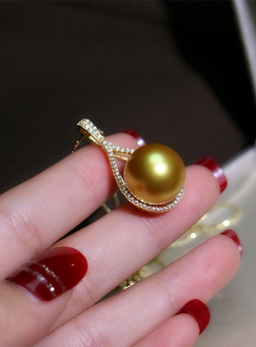 挚彩珠宝海水南阳浓金色珍珠单颗吊坠正圆强光贝珠项链14mm颈链女