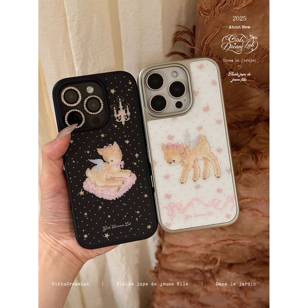 碎花小鹿天使亚克力银黑边磁吸适用苹果iPhone16promax手机壳1312pro小米1415Pro华为mate60p70三星S23防摔 - 图2