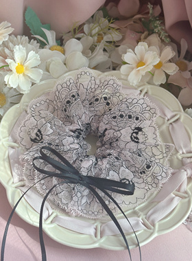 黑粉色可爱多层蕾丝重工花朵花环发圈丸子头发圈