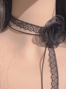 原创设计黑色蕾丝花朵长款叠戴项圈颈带少女个性气质百搭飘带项链