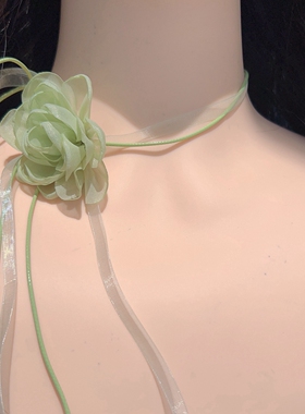 春夏新款清新甜美气质绿色网纱花朵项圈颈带小众设计项链choker