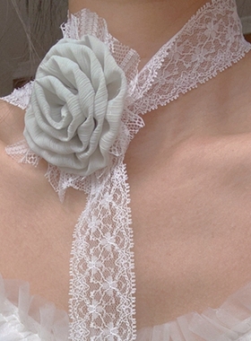 原创设计清新甜美气质豆绿色花朵宽边蕾丝项圈颈带少女个性项链