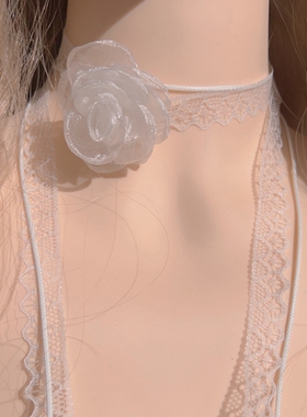 超仙气纯欲风白色蕾丝花朵双层叠戴长款飘带项圈颈带choker项链