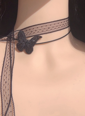 超仙气个性气质黑色蝴蝶蕾丝长款绑带项圈颈带少女百搭项链choker
