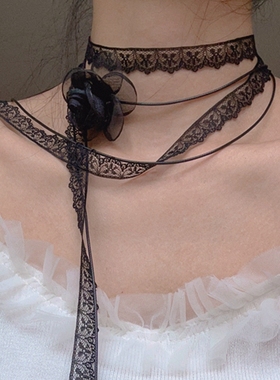 原创设计个性气质百搭黑色蕾丝花朵皮绳双层叠戴项圈颈带长款项链