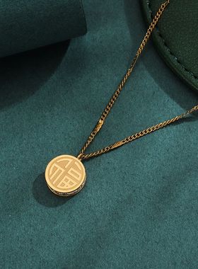 福喜双馨双面吊坠毛衣链项链女饰品感轻奢小众锁骨链边镶锆石钛钢