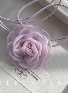 手作超仙粉紫色欧根纱花朵系带choker颈链复古法式项圈颈花女腰链