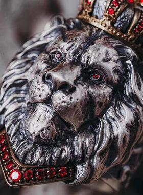 纯银925个性精雕霸气狮子开口男食指指环泰银宽面星座狮子座戒指