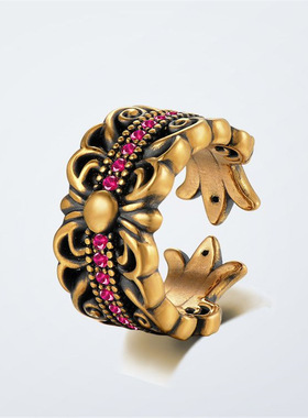 黑金色戒指女指环鸢尾花复古原创设计开口戒指可调节