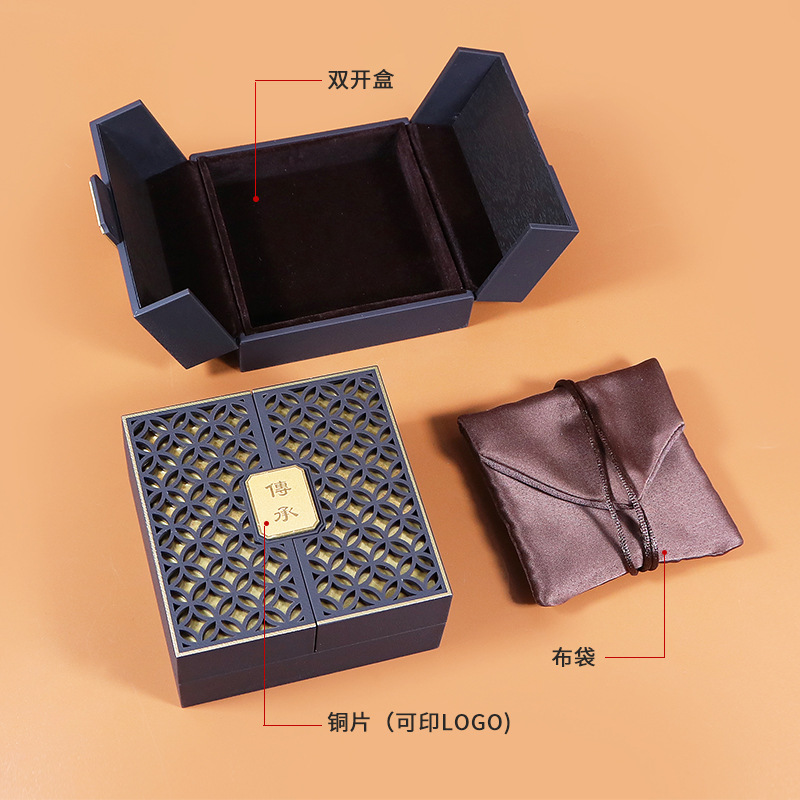 工厂新款双开传承复古法金镂空手镯盒绒布袋珠宝首饰包装礼盒 - 图0