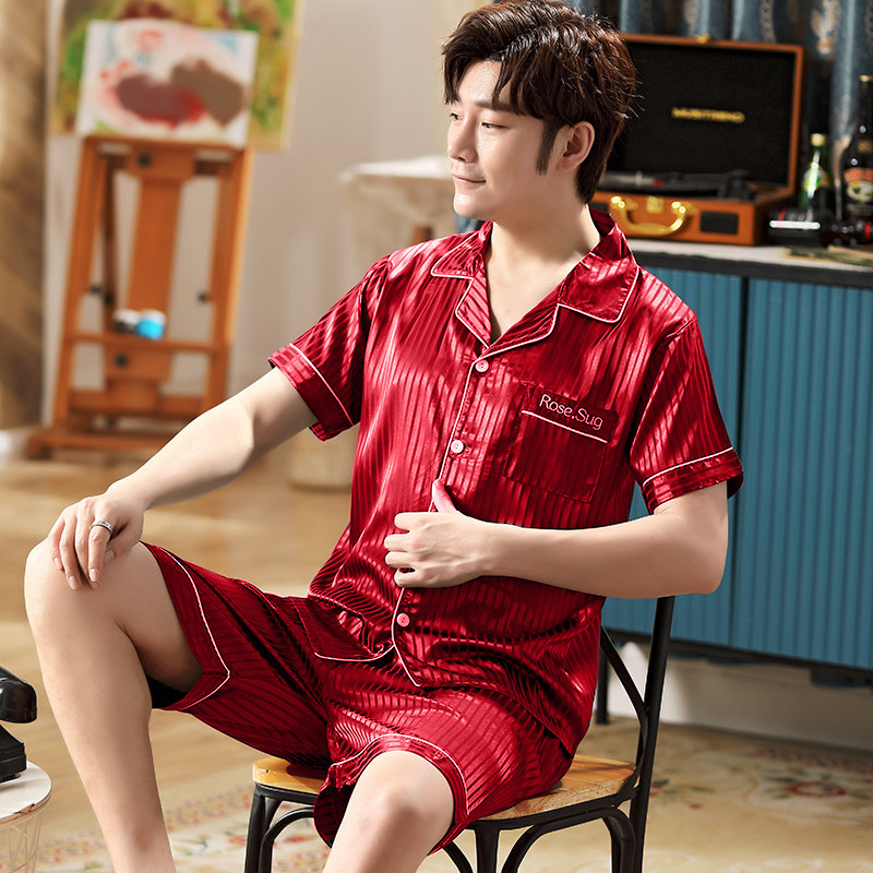 冰丝男士夏天短袖仿真丝绸青年睡衣 梦依情睡衣/家居服套装