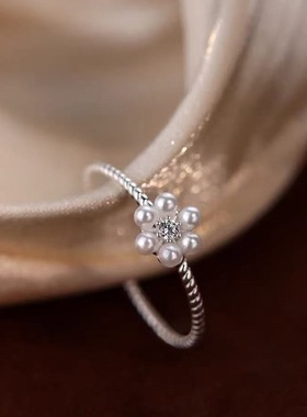 仿珍珠锆石戒指女轻奢食指戒小众高级感闭口戒素圈指环学生尾戒