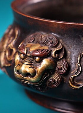 古玩收藏紫铜鎏金兽耳八宝香炉熏香炉线香炉宣德炉家居摆件