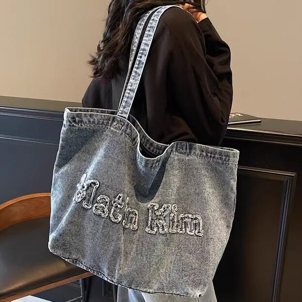 Korean letter embroidered denim large capacity armpit bag