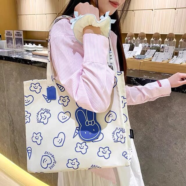 Cute Cartoon Large Capacity Canvas Bag Female Summer Student Class Tote Bag Versatile Commuting Shoulder Tote Bag