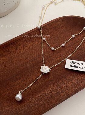 双层流苏珍珠项链女小众设计感山茶花锁骨链轻奢高级感气质脖颈链