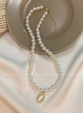 法式复古猫眼石珍珠项链颈链女轻奢小众高级感锁骨链爆款女款饰品