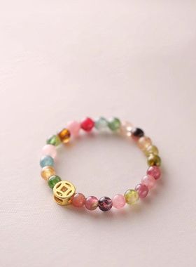 碧玺钱币戒指女小众轻奢闭口弹力绳高级感食指戒素圈指环百搭配饰