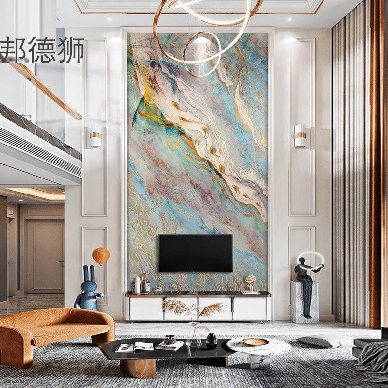 新中式复式楼别墅岩板背景墙自建房电视瓷砖楼中楼挑空客厅大理石,淘宝优惠券,粉丝福利购,淘宝优惠卷