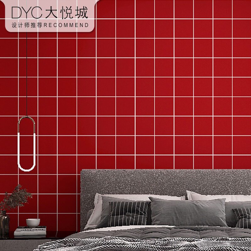 北欧ins风网红店格子壁纸奶茶店服装店背景墙大红色方格墙纸网格