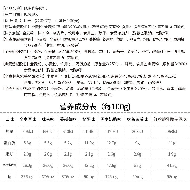 欧包全麦面包无糖早餐健身代餐精油 康贤食品西式糕点