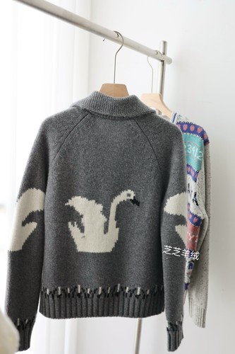 100山羊绒衫星家天鹅翻领设计拉链开衫针织衫毛衣厚 - 图0