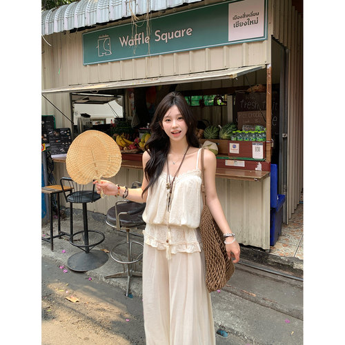 DDang 亚麻花苞裤吊带套装2026夏季复古度假休闲凉感蕾丝上衣女 - 图1