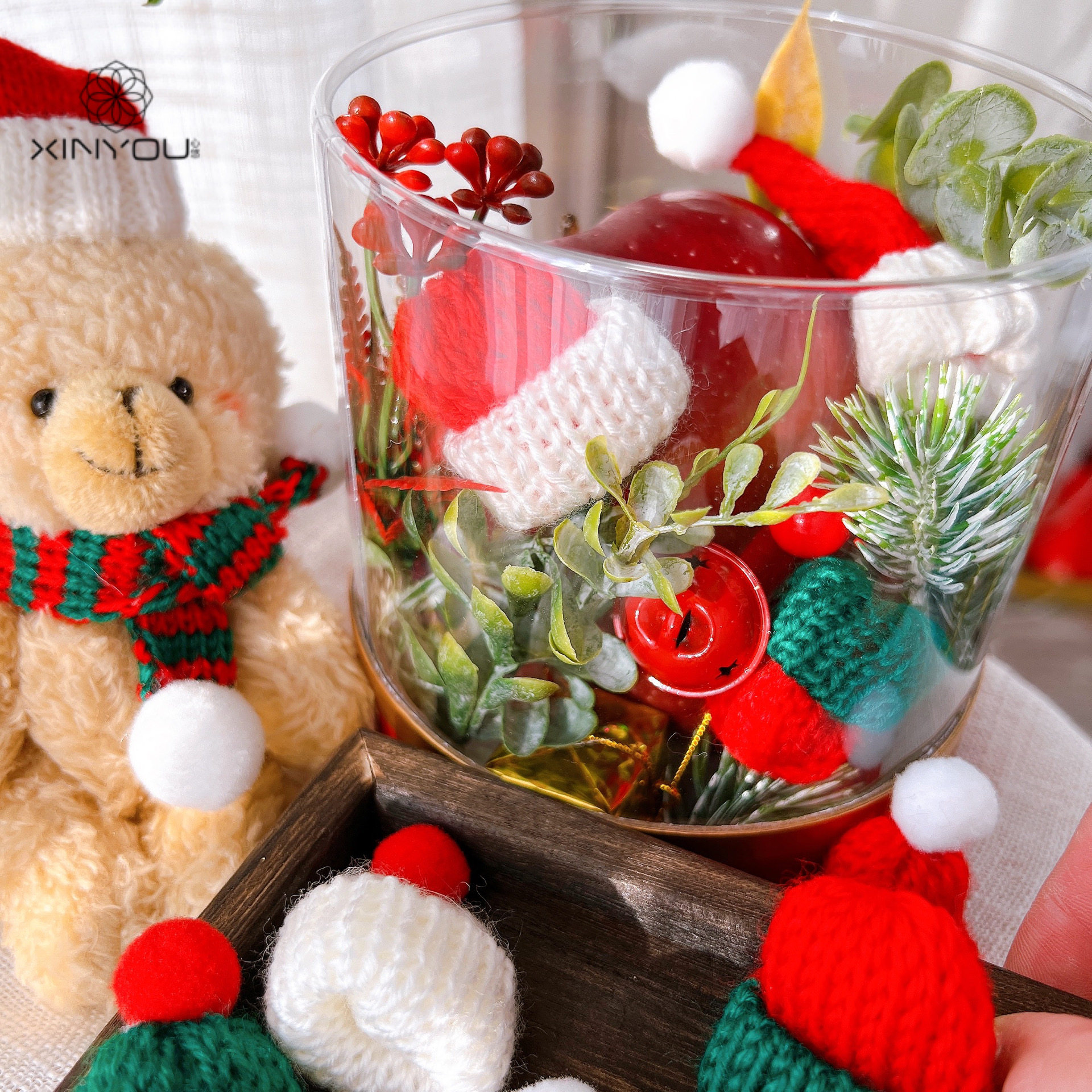 心悠圣诞熊配件毛线小帽子红绿围巾平安果礼盒装饰圣诞树DIY材料,淘宝优惠券,粉丝福利购,淘宝优惠卷