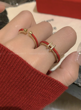 红色H字母戒指~新年氛围感本命年红绳开口可调节食指戒小众指环女