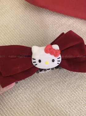红色KT蝴蝶结香蕉夹~丝绒新年小猫咪竖夹后脑勺盘发高马尾夹发饰