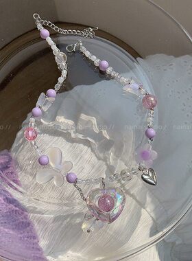 紫色串珠项链~春季新款！甜酷蝴蝶花朵爱心吊坠锁骨链2026年颈链