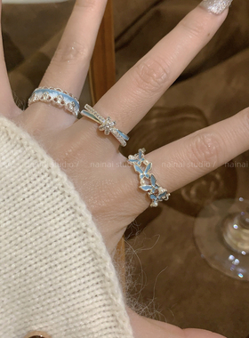 指畔生花~蓝色滴釉戒指蕾丝花边叠戴小众设计开口可调节食指戒女