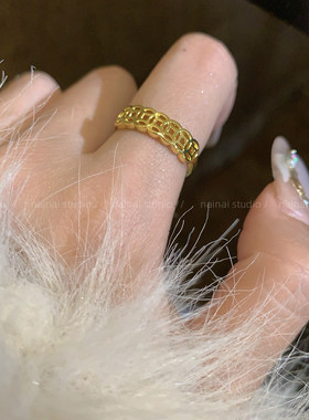 有钱花~暴富铜钱戒指金色食指戒高级感小众设计轻奢素圈指环女A